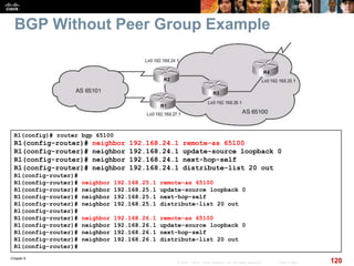 Chapter 6
120© 2007 – 2010, Cisco Systems, Inc. All rights reserved. Cisco Public
BGP Without Peer Group Example
R1(config)# router bgp 65100
R1(config-router)# neighbor 192.168.24.1 remote-as 65100
R1(config-router)# neighbor 192.168.24.1 update-source loopback 0
R1(config-router)# neighbor 192.168.24.1 next-hop-self
R1(config-router)# neighbor 192.168.24.1 distribute-list 20 out
R1(config-router)#
R1(config-router)# neighbor 192.168.25.1 remote-as 65100
R1(config-router)# neighbor 192.168.25.1 update-source loopback 0
R1(config-router)# neighbor 192.168.25.1 next-hop-self
R1(config-router)# neighbor 192.168.25.1 distribute-list 20 out
R1(config-router)#
R1(config-router)# neighbor 192.168.26.1 remote-as 65100
R1(config-router)# neighbor 192.168.26.1 update-source loopback 0
R1(config-router)# neighbor 192.168.26.1 next-hop-self
R1(config-router)# neighbor 192.168.26.1 distribute-list 20 out
R1(config-router)#
 