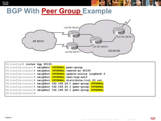 Chapter 6
121© 2007 – 2010, Cisco Systems, Inc. All rights reserved. Cisco Public
BGP With Peer Group Example
R1(config)# router bgp 65100
R1(config-router)# neighbor INTERNAL peer-group
R1(config-router)# neighbor INTERNAL remote-as 65100
R1(config-router)# neighbor INTERNAL update-source loopback 0
R1(config-router)# neighbor INTERNAL next-hop-self
R1(config-router)# neighbor INTERNAL distribute-list 20 out
R1(config-router)# neighbor 192.168.24.1 peer-group INTERNAL
R1(config-router)# neighbor 192.168.25.1 peer-group INTERNAL
R1(config-router)# neighbor 192.168.26.1 peer-group INTERNAL
R1(config-router)#
 
