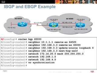 Chapter 6
122© 2007 – 2010, Cisco Systems, Inc. All rights reserved. Cisco Public
IBGP and EBGP Example
R2(config)# router bgp 65000
R2(config-router)# neighbor 10.1.1.1 remote-as 64520
R2(config-router)# neighbor 192.168.3.3 remote-as 65000
R2(config-router)# neighbor 192.168.3.3 update-source loopback 0
R2(config-router)# neighbor 192.168.3.3 next-hop-self
R2(config-router)# network 172.16.20.0 mask 255.255.255.0
R2(config-router)# network 192.168.1.0
R2(config-router)# network 192.168.4.0
R2(config-router)# no synchronization
R2(config-router)#
172.16.30.0172.16.20.0
Lo0 192.168.2.2 /32
.2
R2 R3
192.168.1.0 /24
192.168.4.0 /24
.2 .3
.3
Lo0 192.168.3.3 /32
AS 65000
10.1.1.0 /24.1
R1
AS 64520
.2
172.16.10.0
 