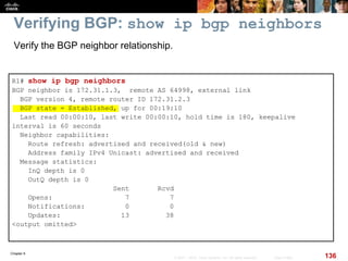 Chapter 6
136© 2007 – 2010, Cisco Systems, Inc. All rights reserved. Cisco Public
Verifying BGP: show ip bgp neighbors
R1# show ip bgp neighbors
BGP neighbor is 172.31.1.3, remote AS 64998, external link
BGP version 4, remote router ID 172.31.2.3
BGP state = Established, up for 00:19:10
Last read 00:00:10, last write 00:00:10, hold time is 180, keepalive
interval is 60 seconds
Neighbor capabilities:
Route refresh: advertised and received(old & new)
Address family IPv4 Unicast: advertised and received
Message statistics:
InQ depth is 0
OutQ depth is 0
Sent Rcvd
Opens: 7 7
Notifications: 0 0
Updates: 13 38
<output omitted>
Verify the BGP neighbor relationship.
 