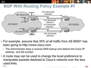 Chapter 6
152© 2007 – 2010, Cisco Systems, Inc. All rights reserved. Cisco Public
BGP With Routing Policy Example #1
 For example, assume that 35% of all traffic from AS 65001 has
been going to http://www.cisco.com.
• The administrator does a reverse DNS lookup and obtains the Cisco IP
address and AS number.
 A route map can be used to change the local preference to
manipulate packets destined to Cisco’s network over the less
used links.
 