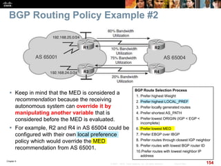 Chapter 6
154© 2007 – 2010, Cisco Systems, Inc. All rights reserved. Cisco Public
BGP Routing Policy Example #2
 Keep in mind that the MED is considered a
recommendation because the receiving
autonomous system can override it by
manipulating another variable that is
considered before the MED is evaluated.
 For example, R2 and R4 in AS 65004 could be
configured with their own local preference
policy which would override the MED
recommendation from AS 65001.
BGP Route Selection Process
1. Prefer highest Weight
2. Prefer highest LOCAL_PREF
3. Prefer locally generated routes
4. Prefer shortest AS_PATH
5. Prefer lowest ORIGIN (IGP < EGP <
incomplete)
6. Prefer lowest MED
7. Prefer EBGP over IBGP
8. Prefer routes through closest IGP neighbor
9. Prefer routes with lowest BGP router ID
10.Prefer routes with lowest neighbor IP
address
 