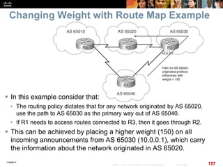 Chapter 6
157© 2007 – 2010, Cisco Systems, Inc. All rights reserved. Cisco Public
Changing Weight with Route Map Example
 In this example consider that:
• The routing policy dictates that for any network originated by AS 65020,
use the path to AS 65030 as the primary way out of AS 65040.
• If R1 needs to access routes connected to R3, then it goes through R2.
 This can be achieved by placing a higher weight (150) on all
incoming announcements from AS 65030 (10.0.0.1), which carry
the information about the network originated in AS 65020.
 