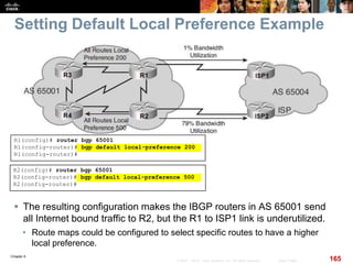 Chapter 6
165© 2007 – 2010, Cisco Systems, Inc. All rights reserved. Cisco Public
Setting Default Local Preference Example
 The resulting configuration makes the IBGP routers in AS 65001 send
all Internet bound traffic to R2, but the R1 to ISP1 link is underutilized.
• Route maps could be configured to select specific routes to have a higher
local preference.
R2(config)# router bgp 65001
R2(config-router)# bgp default local-preference 500
R2(config-router)#
R1(config)# router bgp 65001
R1(config-router)# bgp default local-preference 200
R1(config-router)#
 