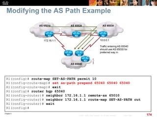 Chapter 6
174© 2007 – 2010, Cisco Systems, Inc. All rights reserved. Cisco Public
Modifying the AS Path Example
R1(config)# route-map SET-AS-PATH permit 10
R1(config-route-map)# set as-path prepend 65040 65040 65040
R1(config-route-map)# exit
R1(config)# router bgp 65040
R1(config-router)# neighbor 172.16.1.1 remote-as 65010
R1(config-router)# neighbor 172.16.1.1 route-map SET-AS-PATH out
R1(config-router)# exit
R1(config)#
 
