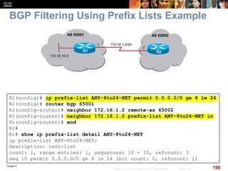 Chapter 6
190© 2007 – 2010, Cisco Systems, Inc. All rights reserved. Cisco Public
BGP Filtering Using Prefix Lists Example
R1(config)# ip prefix-list ANY-8to24-NET permit 0.0.0.0/0 ge 8 le 24
R1(config)# router bgp 65001
R1(config-router)# neighbor 172.16.1.2 remote-as 65002
R1(config-router)# neighbor 172.16.1.2 prefix-list ANY-8to24-NET in
R1(config-router)# end
R1#
R1# show ip prefix-list detail ANY-8to24-NET
ip prefix-list ANY-8to24-NET:
Description: test-list
count: 1, range entries: 1, sequences: 10 - 10, refcount: 3
seq 10 permit 0.0.0.0/0 ge 8 le 24 (hit count: 0, refcount: 1)
AS 65002
R2
172.16.1.0/24.1
R1
AS 65001
.2
172.16.10.0
 