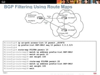 Chapter 6
191© 2007 – 2010, Cisco Systems, Inc. All rights reserved. Cisco Public
BGP Filtering Using Route Maps
R1(config)# ip as-path access-list 10 permit _65387$
R1(config)# ip prefix-list DEF-ONLY seq 10 permit 0.0.0.0/0
R1(config)#
R1(config)# route-map FILTER permit 10
R1(config-route-map)# match ip address prefix-list DEF-ONLY
R1(config-route-map)# match as-path 10
R1(config-route-map)# set weight 150
R1(config-route-map)#
R1(config-route-map)# route-map FILTER permit 20
R1(config-route-map)# match ip address prefix-list DEF-ONLY
R1(config-route-map)# set weight 100
R1(config-route-map)# exit
 