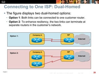 Chapter 6
28© 2007 – 2010, Cisco Systems, Inc. All rights reserved. Cisco Public
Connecting to One ISP: Dual-Homed
 The figure displays two dual-homed options:
• Option 1: Both links can be connected to one customer router.
• Option 2: To enhance resiliency, the two links can terminate at
separate routers in the customer’s network.
Company A
Internet
ISP
Option 1:
PER1
Company A
Internet
ISP
Option 2:
PER1
R2
 