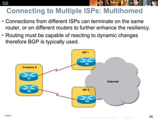Chapter 6
30© 2007 – 2010, Cisco Systems, Inc. All rights reserved. Cisco Public
Connecting to Multiple ISPs: Multihomed
 Connections from different ISPs can terminate on the same
router, or on different routers to further enhance the resiliency.
 Routing must be capable of reacting to dynamic changes
therefore BGP is typically used.
Company A
Internet
ISP 1
PE
R1
R2
ISP 2
PE
 