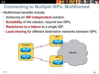 Chapter 6
31© 2007 – 2010, Cisco Systems, Inc. All rights reserved. Cisco Public
Connecting to Multiple ISPs: Multihomed
 Multihomed benefits include:
• Achieving an ISP-independent solution.
• Scalability of the solution, beyond two ISPs.
• Resistance to a failure to a single ISP.
• Load sharing for different destination networks between ISPs.
Company A
Internet
ISP 1
PE
R1
R2
ISP 2
PE
 