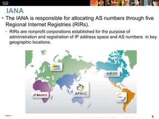 Chapter 6
6© 2007 – 2010, Cisco Systems, Inc. All rights reserved. Cisco Public
IANA
 The IANA is responsible for allocating AS numbers through five
Regional Internet Registries (RIRs).
• RIRs are nonprofit corporations established for the purpose of
administration and registration of IP address space and AS numbers in key
geographic locations.
 