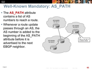 Chapter 6
65© 2007 – 2010, Cisco Systems, Inc. All rights reserved. Cisco Public
Well-Known Mandatory: AS_PATH
 The AS_PATH attribute
contains a list of AS
numbers to reach a route.
 Whenever a route update
passes through an AS, the
AS number is added to the
beginning of the AS_PATH
attribute before it is
advertised to the next
EBGP neighbor.
 
