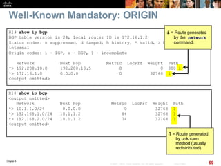 Chapter 6
69© 2007 – 2010, Cisco Systems, Inc. All rights reserved. Cisco Public
Well-Known Mandatory: ORIGIN
R1# show ip bgp
BGP table version is 24, local router ID is 172.16.1.2
Status codes: s suppressed, d damped, h history, * valid, > best, i -
internal
Origin codes: i - IGP, e - EGP, ? - incomplete
Network Next Hop Metric LocPrf Weight Path
*> 192.208.10.0 192.208.10.5 0 0 300 i
*> 172.16.1.0 0.0.0.0 0 32768 i
<output omitted>
R1# show ip bgp
<output omitted>
Network Next Hop Metric LocPrf Weight Path
*> 10.1.1.0/24 0.0.0.0 0 32768 ?
*> 192.168.1.0/24 10.1.1.2 84 32768 ?
*> 192.168.2.0/24 10.1.1.2 74 32768 ?
<output omitted>
i = Route generated
by the network
command.
? = Route generated
by unknown
method (usually
redistributed).
 