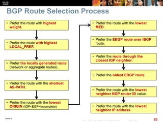 Chapter 6
83© 2007 – 2010, Cisco Systems, Inc. All rights reserved. Cisco Public
BGP Route Selection Process
• Prefer the route with highest
weight.
• Prefer the route with highest
LOCAL_PREF.
• Prefer the locally generated route
(network or aggregate routes).
• Prefer the route with the shortest
AS-PATH.
• Prefer the route with the lowest
ORIGIN (IGP<EGP<incomplete)
• Prefer the route with the lowest
MED.
• Prefer the EBGP route over IBGP
route.
• Prefer the route through the
closest IGP neighbor.
• Prefer the oldest EBGP route.
• Prefer the route with the lowest
neighbor BGP router ID value.
• Prefer the route with the lowest
neighbor IP address.
 