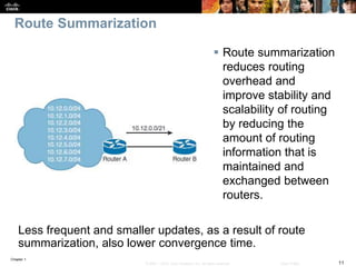 Chapter 1
11© 2007 – 2016, Cisco Systems, Inc. All rights reserved. Cisco Public
Route Summarization
 Route summarization
reduces routing
overhead and
improve stability and
scalability of routing
by reducing the
amount of routing
information that is
maintained and
exchanged between
routers.
Less frequent and smaller updates, as a result of route
summarization, also lower convergence time.
 