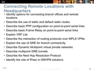 Chapter 1
26© 2007 – 2016, Cisco Systems, Inc. All rights reserved. Cisco Public
Connecting Remote Locations with
Headquarters
 Identify options for connecting branch offices and remote
locations
 Describe the use of static and default static routes
 Describe basic PPP configuration on point-to-point serial links
 Describe basic Frame Relay on point-to-point serial links
 Explain VRF Lite
 Describe the interaction of routing protocols over MPLS VPNs
 Explain the use of GRE for branch connectivity
 Describe Dynamic Multipoint virtual private networks
 Describe multipoint GRE tunnels
 Describe the Next Hop Resolution Protocol
 Identify the role of IPsec in DMVPN solutions
 