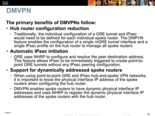 Chapter 1
45© 2007 – 2016, Cisco Systems, Inc. All rights reserved. Cisco Public
DMVPN
The primary benefits of DMVPNs follow:
 Hub router configuration reduction
• Traditionally, the individual configuration of a GRE tunnel and IPsec
would need to be defined for each individual spoke router. The DMPVN
feature enables the configuration of a single mGRE tunnel interface and a
single IPsec profile on the hub router to manage all spoke routers
 Automatic IPsec initiation
• GRE uses NHRP to configure and resolve the peer destination address.
This feature allows IPsec to be immediately triggered to create point-to-
point GRE tunnels without any IPsec peering configuration.
 Support for dynamically addressed spoke routers
• When using point-to-point GRE and IPsec hub-and-spoke VPN networks,
it is important to know the physical interface IP address of the spoke
routers when configuring the hub router.
• DMVPN enables spoke routers to have dynamic physical interface IP
addresses and uses NHRP to register the dynamic physical interface IP
addresses of the spoke routers with the hub router.
 