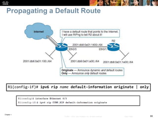 Chapter 1
69© 2007 – 2016, Cisco Systems, Inc. All rights reserved. Cisco Public
Propagating a Default Route
R1(config-if)# ipv6 rip name default-information originate | only
 
