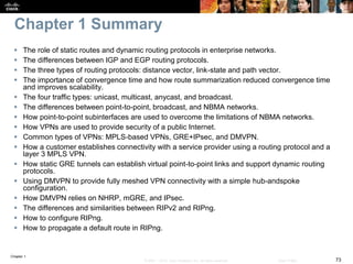 Chapter 1
73© 2007 – 2016, Cisco Systems, Inc. All rights reserved. Cisco Public
Chapter 1 Summary
 The role of static routes and dynamic routing protocols in enterprise networks.
 The differences between IGP and EGP routing protocols.
 The three types of routing protocols: distance vector, link-state and path vector.
 The importance of convergence time and how route summarization reduced convergence time
and improves scalability.
 The four traffic types: unicast, multicast, anycast, and broadcast.
 The differences between point-to-point, broadcast, and NBMA networks.
 How point-to-point subinterfaces are used to overcome the limitations of NBMA networks.
 How VPNs are used to provide security of a public Internet.
 Common types of VPNs: MPLS-based VPNs, GRE+IPsec, and DMVPN.
 How a customer establishes connectivity with a service provider using a routing protocol and a
layer 3 MPLS VPN.
 How static GRE tunnels can establish virtual point-to-point links and support dynamic routing
protocols.
 Using DMVPN to provide fully meshed VPN connectivity with a simple hub-andspoke
configuration.
 How DMVPN relies on NHRP, mGRE, and IPsec.
 The differences and similarities between RIPv2 and RIPng.
 How to configure RIPng.
 How to propagate a default route in RIPng.
 