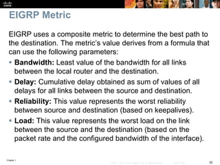 Chapter 1
32© 2007 – 2016, Cisco Systems, Inc. All rights reserved. Cisco Public
EIGRP Metric
EIGRP uses a composite metric to determine the best path to
the destination. The metric’s value derives from a formula that
can use the following parameters:
 Bandwidth: Least value of the bandwidth for all links
between the local router and the destination.
 Delay: Cumulative delay obtained as sum of values of all
delays for all links between the source and destination.
 Reliability: This value represents the worst reliability
between source and destination (based on keepalives).
 Load: This value represents the worst load on the link
between the source and the destination (based on the
packet rate and the configured bandwidth of the interface).
 