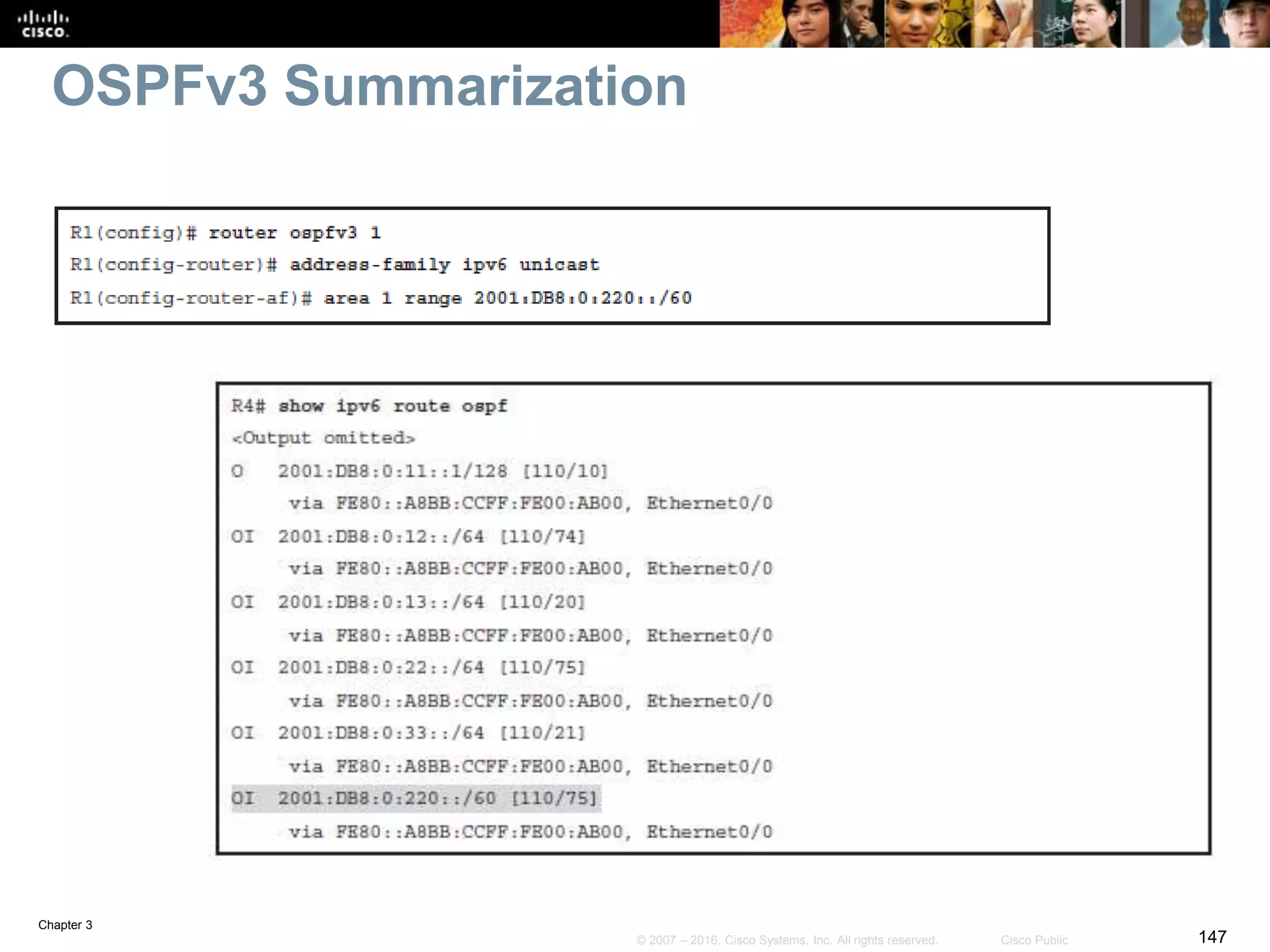 Chapter 3
147© 2007 – 2016, Cisco Systems, Inc. All rights reserved. Cisco Public
OSPFv3 Summarization
 