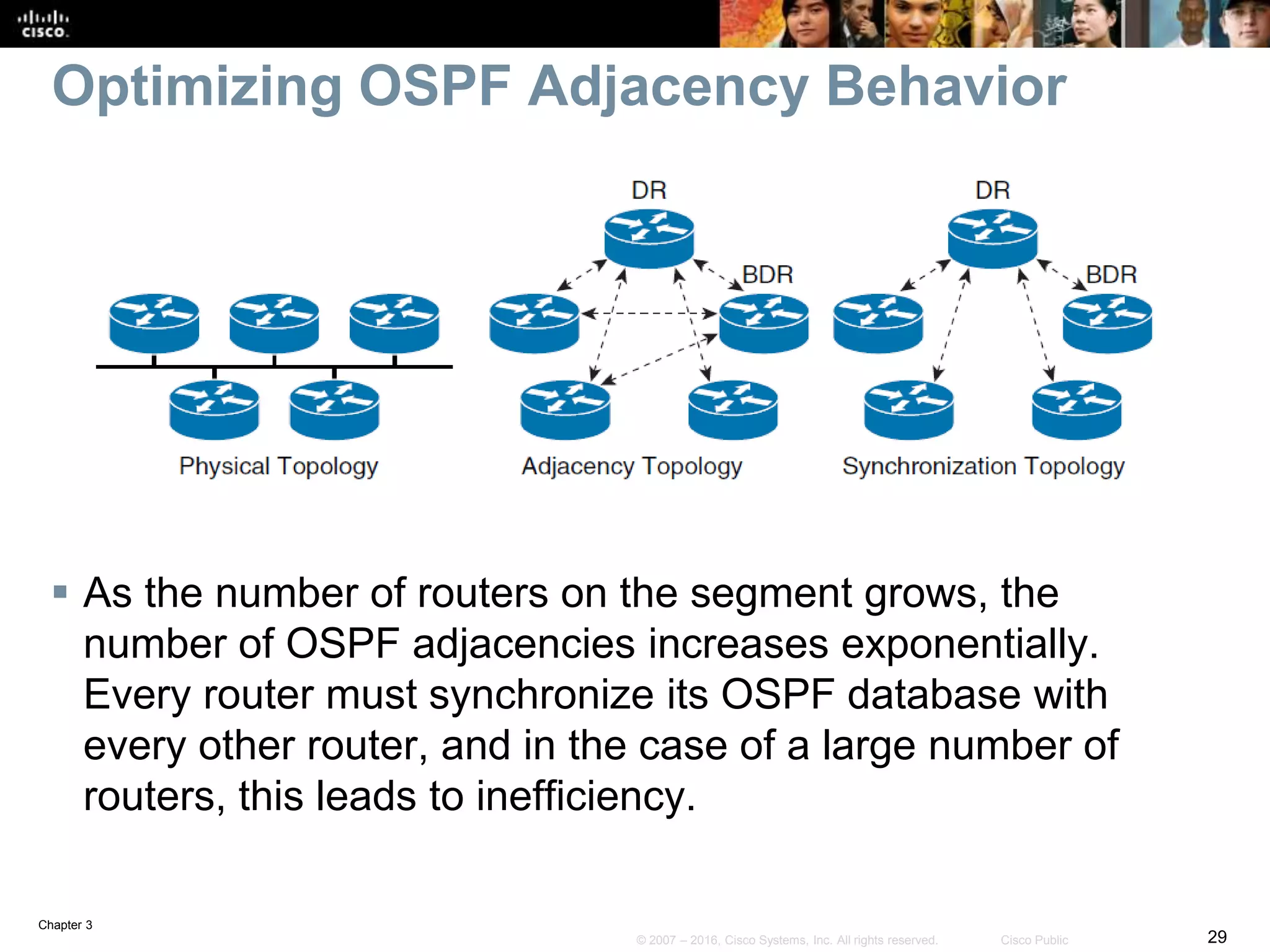 Chapter 3
29© 2007 – 2016, Cisco Systems, Inc. All rights reserved. Cisco Public
Optimizing OSPF Adjacency Behavior
 As the number of routers on the segment grows, the
number of OSPF adjacencies increases exponentially.
Every router must synchronize its OSPF database with
every other router, and in the case of a large number of
routers, this leads to inefficiency.
 