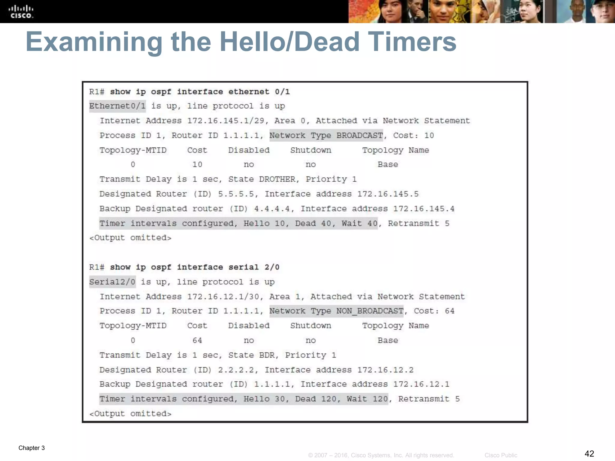 Chapter 3
42© 2007 – 2016, Cisco Systems, Inc. All rights reserved. Cisco Public
Examining the Hello/Dead Timers
 