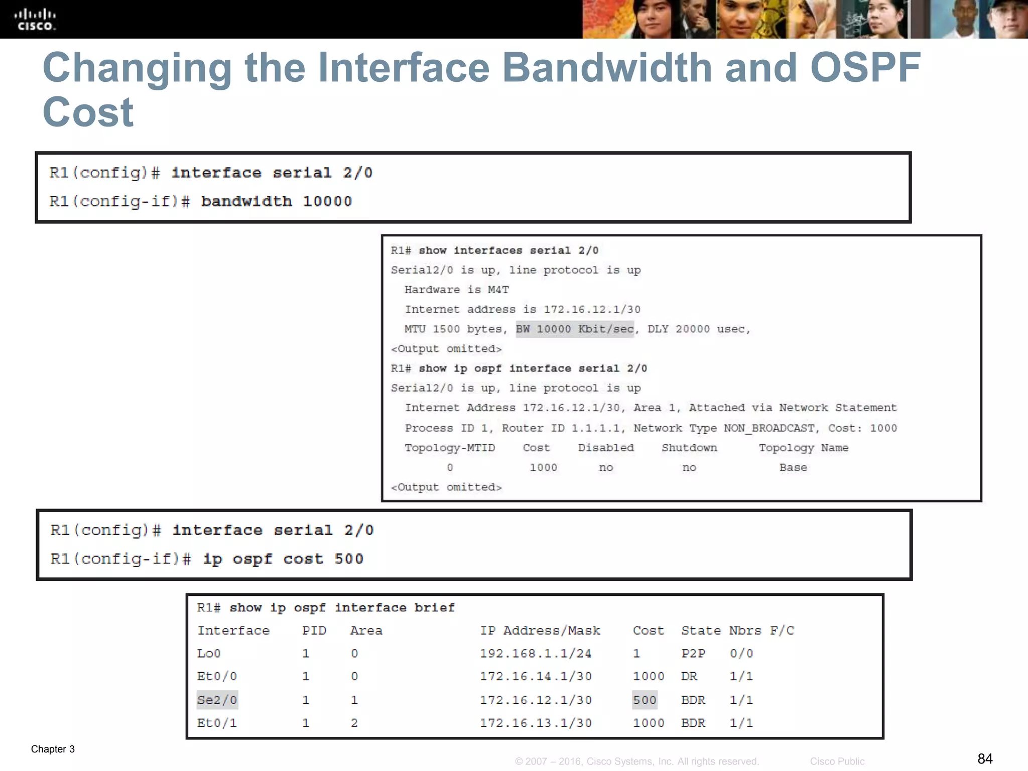 Chapter 3
84© 2007 – 2016, Cisco Systems, Inc. All rights reserved. Cisco Public
Changing the Interface Bandwidth and OSPF
Cost
 