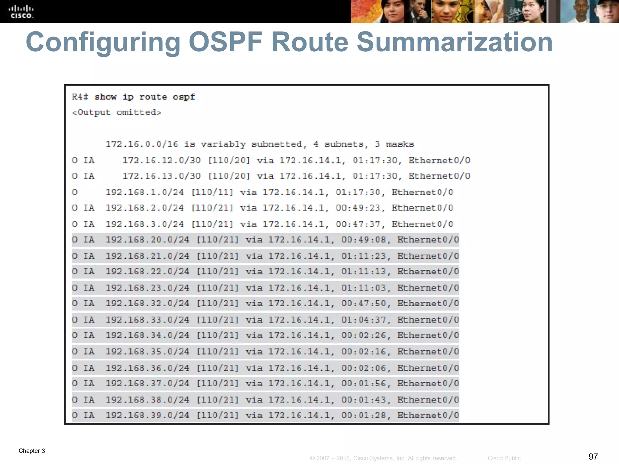 Chapter 3
97© 2007 – 2016, Cisco Systems, Inc. All rights reserved. Cisco Public
Configuring OSPF Route Summarization
 