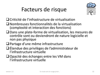 Facteurs de risque
 Criticité de l’infrastructure de virtualisation
 Nombreuses fonctionnalités de la virtualisation
  (complexité et interaction des fonctions)
 Dans une plate-forme de virtualisation, les mesures de
  contrôle sont ou deviendront de nature logicielle et
  non pas physique
 Partage d’une même infrastructure
 Étendue des privilèges de l’administrateur de
  l’infrastructure virtuelle
 Opacité des échanges entre les VM dans
  l’infrastructure virtuelle

version 1.0          En route vers le nuage privé ...   10
 