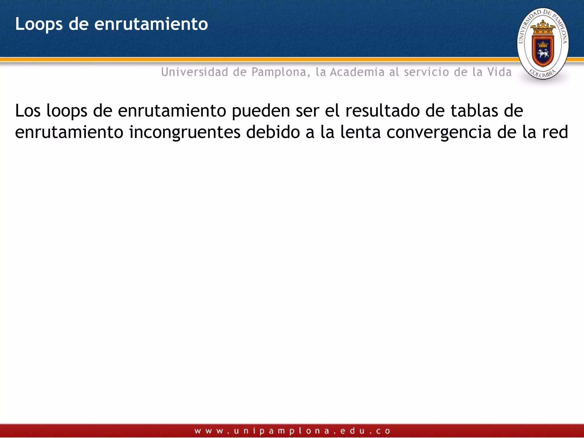Loops de enrutamiento



Los loops de enrutamiento pueden ser el resultado de tablas de
enrutamiento incongruentes debido a la lenta convergencia de la red
 