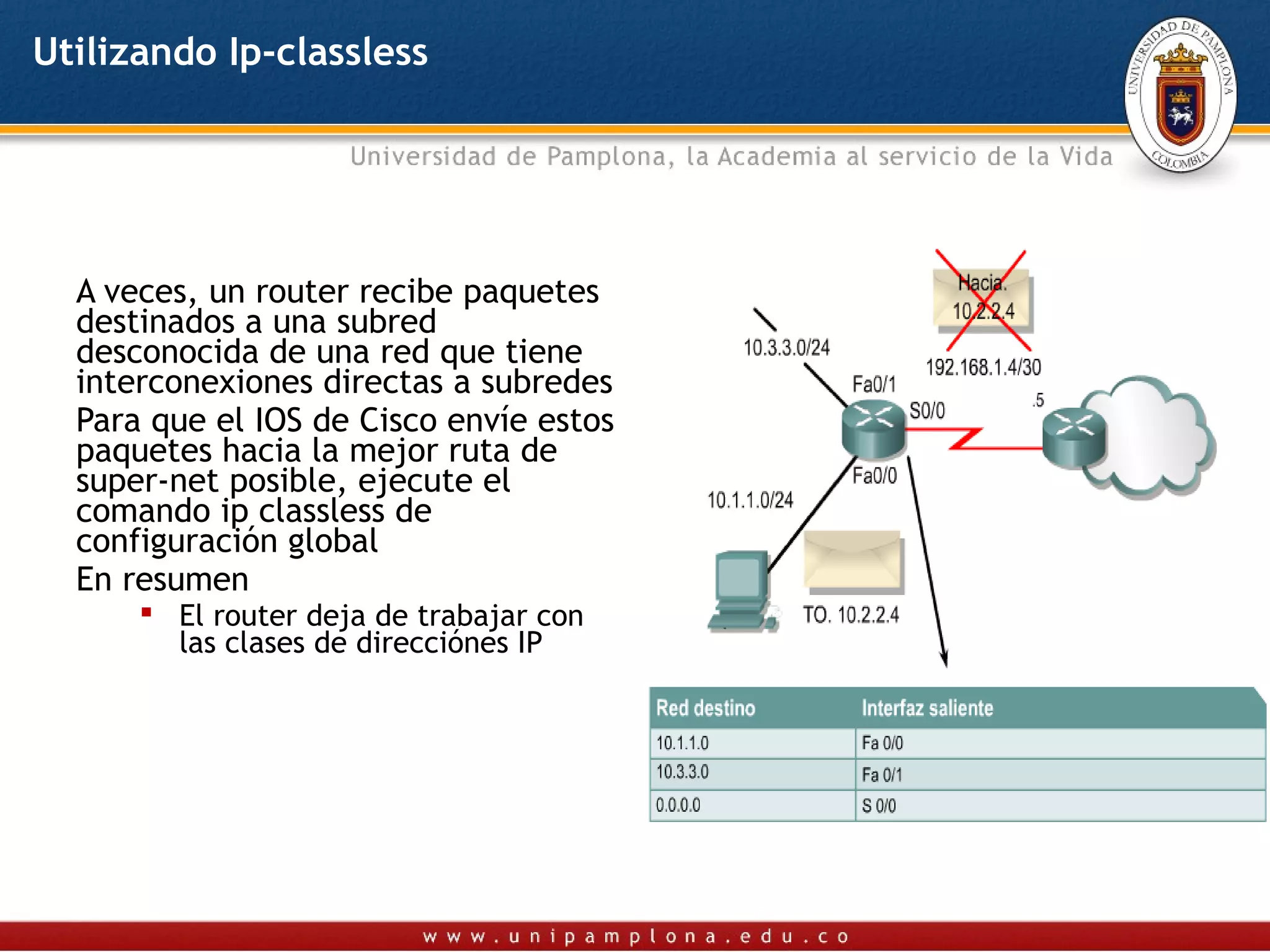Utilizando Ip-classless




  A veces, un router recibe paquetes
  destinados a una subred
  desconocida de una red que tiene
  interconexiones directas a subredes
  Para que el IOS de Cisco envíe estos
  paquetes hacia la mejor ruta de
  super-net posible, ejecute el
  comando ip classless de
  configuración global
  En resumen
       El router deja de trabajar con
        las clases de direcciónes IP
 