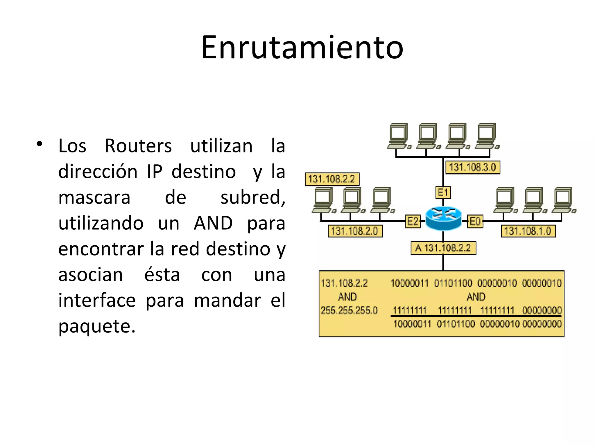 Enrutamiento

• Los Routers utilizan la
  dirección IP destino y la
  mascara     de     subred,
  utilizando un AND para
  encontrar la red destino y
  asocian ésta con una
  interface para mandar el
  paquete.
 
