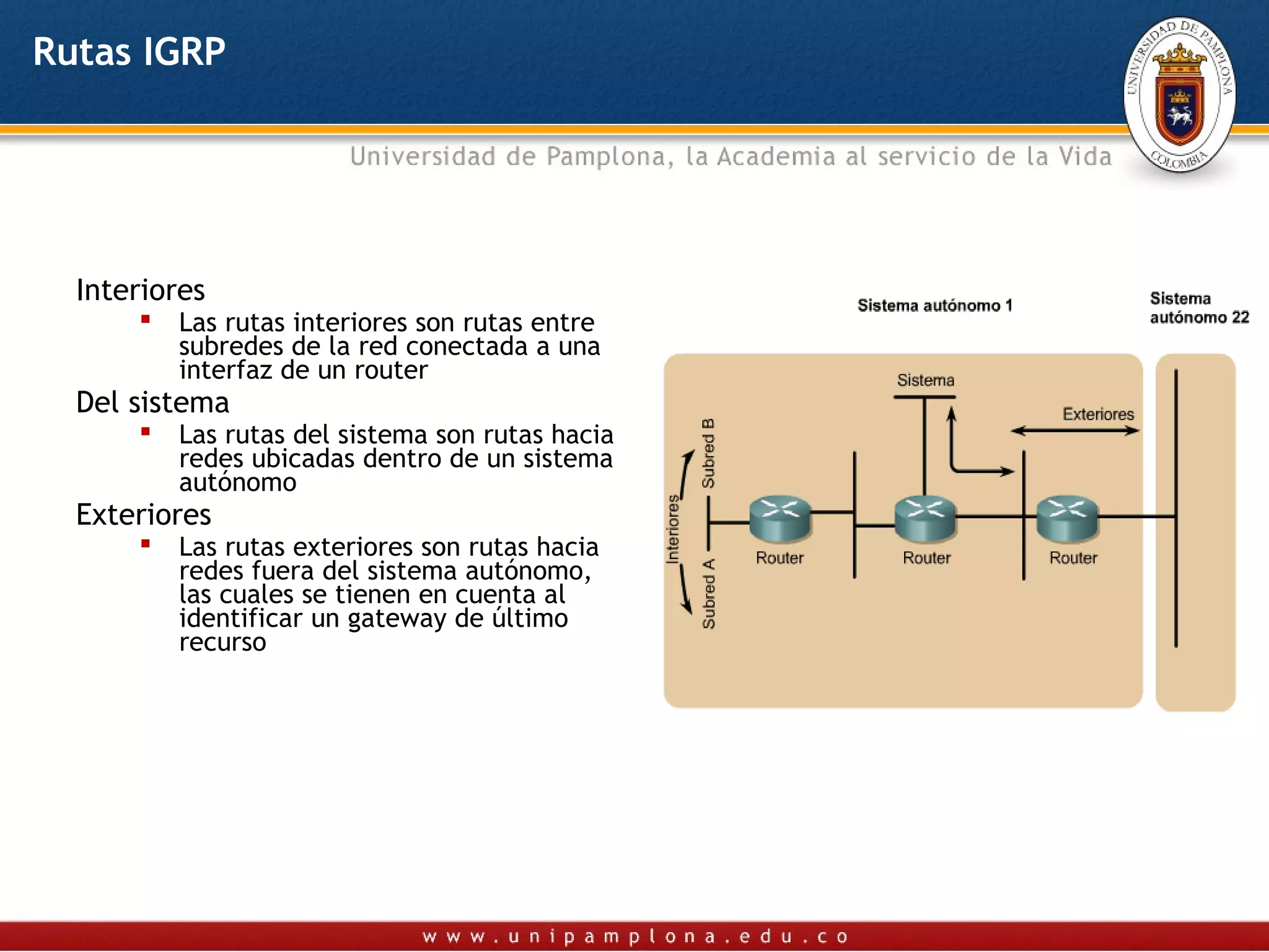 Rutas IGRP




  Interiores
         Las rutas interiores son rutas entre
          subredes de la red conectada a una
          interfaz de un router
  Del sistema
         Las rutas del sistema son rutas hacia
          redes ubicadas dentro de un sistema
          autónomo
  Exteriores
         Las rutas exteriores son rutas hacia
          redes fuera del sistema autónomo,
          las cuales se tienen en cuenta al
          identificar un gateway de último
          recurso
 