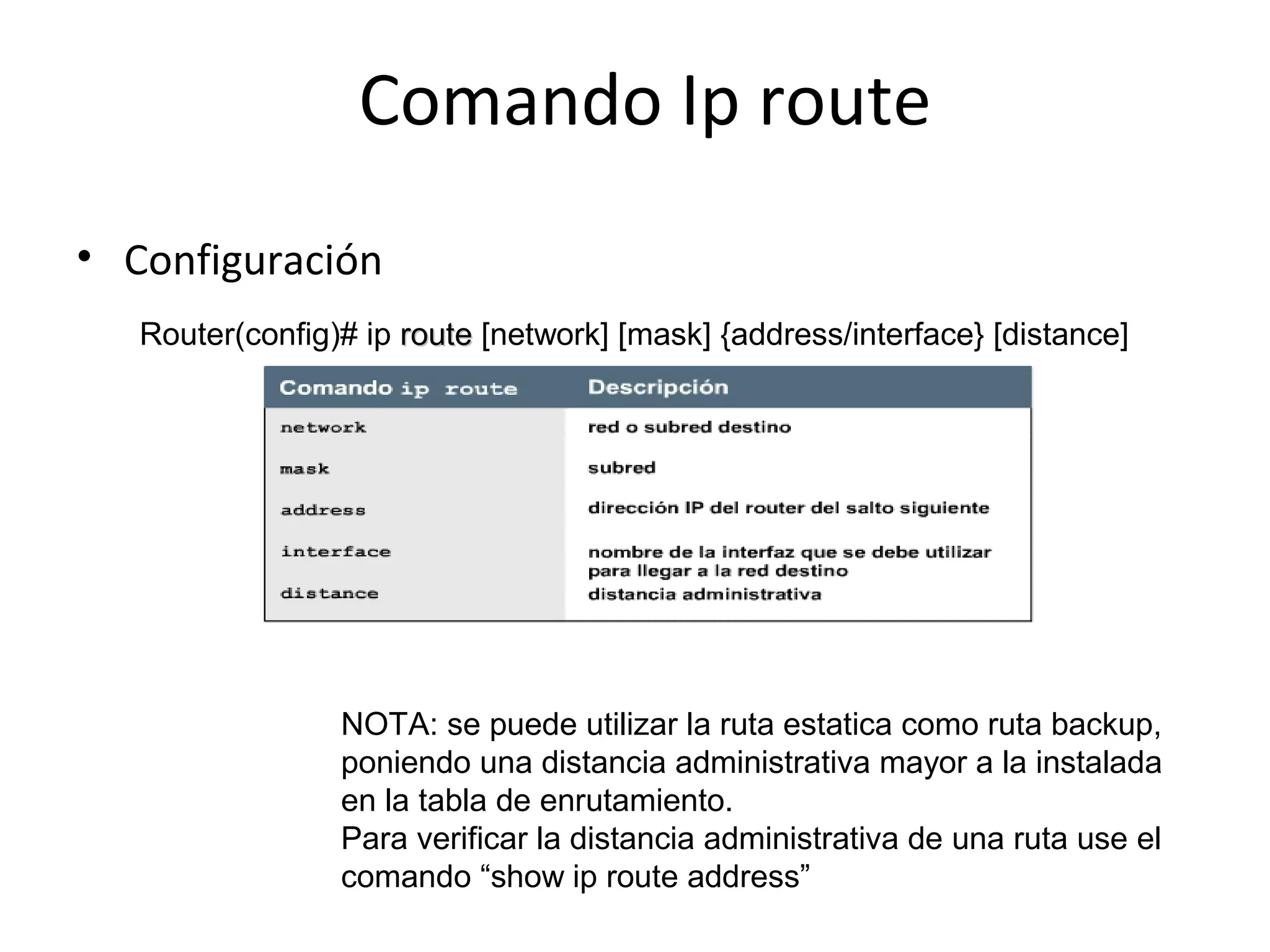 Comando Ip route
• Configuración
   Router(config)# ip route [network] [mask] {address/interface} [distance]




                 NOTA: se puede utilizar la ruta estatica como ruta backup,
                 poniendo una distancia administrativa mayor a la instalada
                 en la tabla de enrutamiento.
                 Para verificar la distancia administrativa de una ruta use el
                 comando “show ip route address”
 
