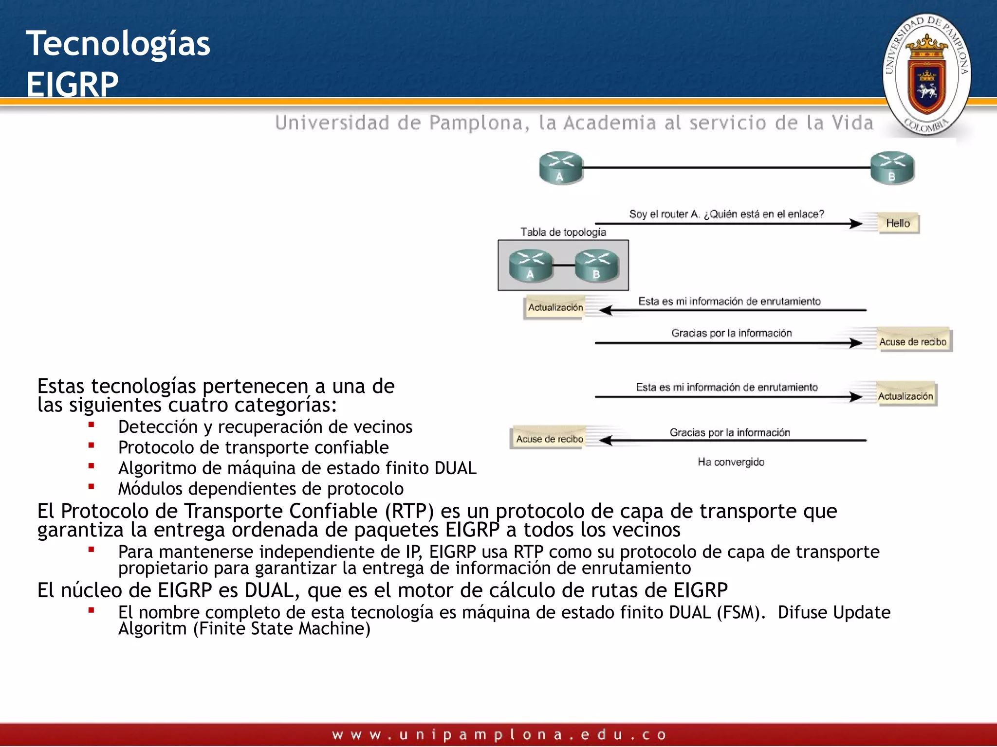 Tecnologías
EIGRP




Estas tecnologías pertenecen a una de
las siguientes cuatro categorías:
        Detección y recuperación de vecinos
        Protocolo de transporte confiable
        Algoritmo de máquina de estado finito DUAL
        Módulos dependientes de protocolo
El Protocolo de Transporte Confiable (RTP) es un protocolo de capa de transporte que
garantiza la entrega ordenada de paquetes EIGRP a todos los vecinos
        Para mantenerse independiente de IP, EIGRP usa RTP como su protocolo de capa de transporte
         propietario para garantizar la entrega de información de enrutamiento
El núcleo de EIGRP es DUAL, que es el motor de cálculo de rutas de EIGRP
        El nombre completo de esta tecnología es máquina de estado finito DUAL (FSM). Difuse Update
         Algoritm (Finite State Machine)
 
