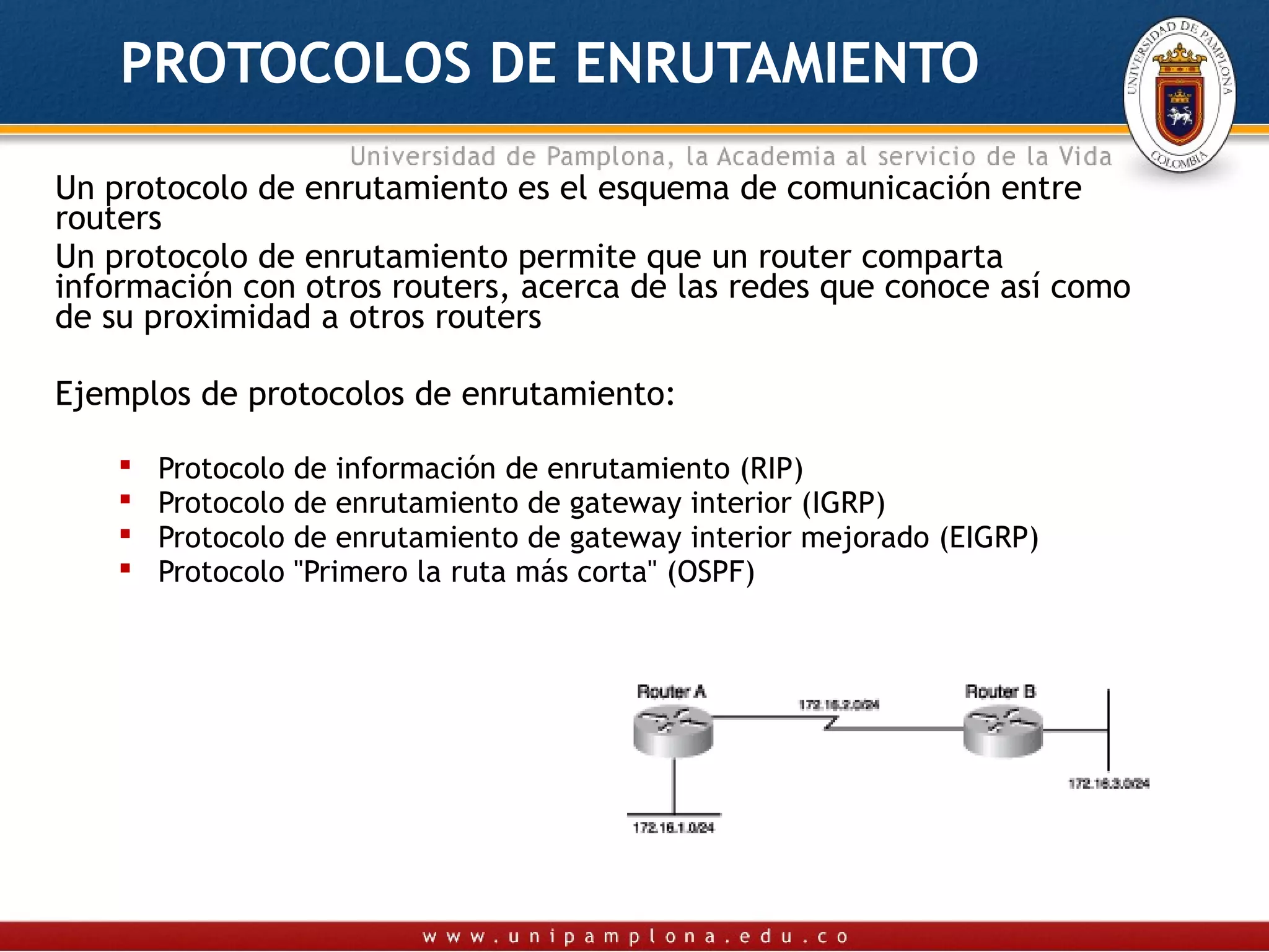 PROTOCOLOS DE ENRUTAMIENTO

Un protocolo de enrutamiento es el esquema de comunicación entre
routers
Un protocolo de enrutamiento permite que un router comparta
información con otros routers, acerca de las redes que conoce así como
de su proximidad a otros routers

Ejemplos de protocolos de enrutamiento:

       Protocolo   de información de enrutamiento (RIP)
       Protocolo   de enrutamiento de gateway interior (IGRP)
       Protocolo   de enrutamiento de gateway interior mejorado (EIGRP)
       Protocolo   "Primero la ruta más corta" (OSPF)
 