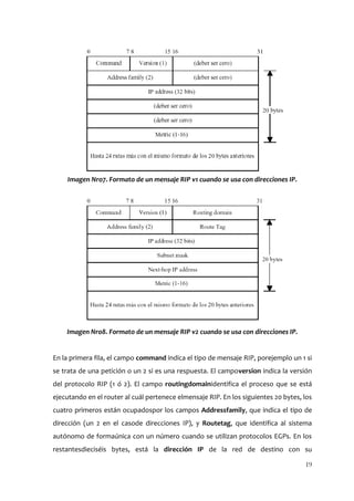 Imagen Nro7. Formato de un mensaje RIP v1 cuando se usa con direcciones IP.




    Imagen Nro8. Formato de un mensaje RIP v2 cuando se usa con direcciones IP.


En la primera fila, el campo command indica el tipo de mensaje RIP, porejemplo un 1 si
se trata de una petición o un 2 si es una respuesta. El campoversion indica la versión
del protocolo RIP (1 ó 2). El campo routingdomainidentifica el proceso que se está
ejecutando en el router al cuál pertenece elmensaje RIP. En los siguientes 20 bytes, los
cuatro primeros están ocupadospor los campos Addressfamily, que indica el tipo de
dirección (un 2 en el casode direcciones IP), y Routetag, que identifica al sistema
autónomo de formaúnica con un número cuando se utilizan protocolos EGPs. En los
restantesdieciséis bytes, está la dirección IP de la red de destino con su

                                                                                     19
 
