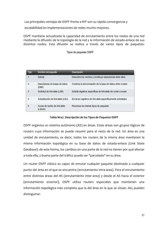 Las principales ventajas de OSPF frente a RIP son su rápida convergencia y
escalabilidad en implementaciones de redes mucho mayores.

OSPF mantiene actualizada la capacidad de enrutamiento entre los nodos de una red
mediante la difusión de la topología de la red y la información de estado-enlace de sus
distintos nodos. Esta difusión se realiza a través de varios tipos de paquetes:




                   Tabla Nro7. Descripción de los Tipos de Paquetes OSPF

OSPF organiza un sistema autónomo (AS) en áreas. Estas áreas son grupos lógicos de
routers cuya información se puede resumir para el resto de la red. Un área es una
unidad de enrutamiento, es decir, todos los routers de la misma área mantienen la
misma información topológica en su base de datos de estado-enlace (Link State
Database): de esta forma, los cambios en una parte de la red no tienen por qué afectar
a toda ella, y buena parte del tráfico puede ser "parcelado" en su área.

Un router OSPF clásico es capaz de enrutar cualquier paquete destinado a cualquier
punto del área en el que se encuentra (enrutamiento intra-area). Para el enrutamiento
entre distintas áreas del AS (enrutamiento inter-area) y desde el AS hacia el exterior
(enrutamiento exterior), OSPF utiliza routers especiales que mantienen una
información topológica más completa que la del área en la que se sitúan. Así, pueden
distinguirse:




                                                                                    27
 