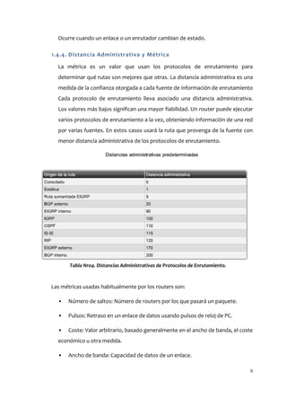 Ocurre cuando un enlace o un enrutador cambian de estado.

1.4.4. Distancia Administrativa y Métrica

  La métrica es un valor que usan los protocolos de enrutamiento para
  determinar qué rutas son mejores que otras. La distancia administrativa es una
  medida de la confianza otorgada a cada fuente de información de enrutamiento
  Cada protocolo de enrutamiento lleva asociado una distancia administrativa.
  Los valores más bajos significan una mayor fiabilidad. Un router puede ejecutar
  varios protocolos de enrutamiento a la vez, obteniendo información de una red
  por varias fuentes. En estos casos usará la ruta que provenga de la fuente con
  menor distancia administrativa de los protocolos de enrutamiento.




       Tabla Nro4. Distancias Administrativas de Protocolos de Enrutamiento.



Las métricas usadas habitualmente por los routers son:

  •   Número de saltos: Número de routers por los que pasará un paquete.

  •   Pulsos: Retraso en un enlace de datos usando pulsos de reloj de PC.

  •   Coste: Valor arbitrario, basado generalmente en el ancho de banda, el coste
  económico u otra medida.

  •   Ancho de banda: Capacidad de datos de un enlace.

                                                                               8
 