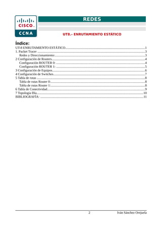 REDES
UT8.- ENRUTAMIENTO ESTÁTICO
Índice:
UT-8 ENRUTAMIENTO ESTÁTICO.................................................................................................1
1. Packet Tracer ...................................................................................................................................3
Redes y Direccionamiento:..............................................................................................................3
2 Configuración de Routers..................................................................................................................4
Configuración ROUTER 0: ............................................................................................................4
Configuración ROUTER 1: ............................................................................................................5
3 Configuración de Equipos.................................................................................................................6
4 Configuración de Switches................................................................................................................7
5 Tabla de rutas ....................................................................................................................................8
Tabla de rutas Router 0:...................................................................................................................8
Tabla de rutas Router 1:...................................................................................................................8
6 Tabla de Conectividad.......................................................................................................................9
7 Topología Día..................................................................................................................................10
BIBLIOGRAFÍA: ..............................................................................................................................11
2 Iván Sánchez Orejuela
 