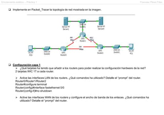 Enrutamiento estático – Práctica 1 Francesc Pérez Fdez
 Implemente en Packet_Tracer la topología de red mostrada en la imagen.
 Configuración capa 1
 ¿Qué tarjetas ha tenido que añadir a los routers para poder realizar la configuración hardware de la red?
2 tarjetas WIC 1T a cada router.
 Active las interfaces LAN de los routers. ¿Qué comandos ha utilizado? Detalle el “prompt” del router.
Router0/Router1/Router2
Router#configure terminal
Router(config)#interface fastethernet 0/0
Router(config-if)#no shutdown
 Active las interfaces WAN de los routers y configure el ancho de banda de los enlaces. ¿Qué comandos ha
utilizado? Detalle el “prompt” del router.
 