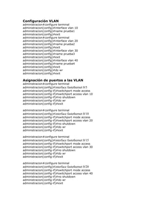 Configuración VLAN
administracion#configure terminal
administracion(config)#interface vlan 10
administracion(config)#name prueba1
administracion(config)#exit
administracion#configure terminal
administracion(config)#interface vlan 20
administracion(config)#name prueba2
administracion(config)#exit
administracion(config)#interface vlan 30
administracion(config)#name prueba3
administracion(config)#exit
administracion(config)#interface vlan 40
administracion(config)#name prueba4
administracion(config)#exit
administracion(config)#do wr
administracion(config)#exit
Asignación de puertos a las VLAN
administracion#configure terminal
administracion(config)#interface fastethernet 0/5
administracion(config-if)#switchport mode access
administracion(config-if)#switchport access vlan 10
administracion(config-if)#no shutdown
administracion(config-if)#do wr
administracion(config-if)#exit
administracion#configure terminal
administracion(config)#interface fastethernet 0/10
administracion(config-if)#switchport mode access
administracion(config-if)#switchport access vlan 20
administracion(config-if)#no shutdown
administracion(config-if)#do wr
administracion(config-if)#exit
administracion#configure terminal
administracion(config)#interface fastethernet 0/15
administracion(config-if)#switchport mode access
administracion(config-if)#switchport access vlan 30
administracion(config-if)#no shutdown
administracion(config-if)#do wr
administracion(config-if)#exit
administracion#configure terminal
administracion(config)#interface fastethernet 0/20
administracion(config-if)#switchport mode access
administracion(config-if)#switchport access vlan 40
administracion(config-if)#no shutdown
administracion(config-if)#do wr
administracion(config-if)#exit
 