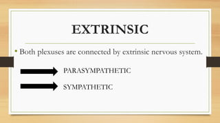 EXTRINSIC
• Both plexuses are connected by extrinsic nervous system.
PARASYMPATHETIC
SYMPATHETIC
 