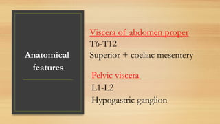 Viscera of abdomen proper
T6-T12
Superior + coeliac mesenteryAnatomical
features
Pelvic viscera
L1-L2
Hypogastric ganglion
 