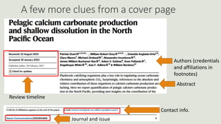 A few more clues from a cover page
Review timeline
Authors (credentials
and affiliations in
footnotes)
Abstract
Contact info.
Journal and issue
 