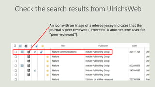 Check the search results from UlrichsWeb
An icon with an image of a referee jersey indicates that the
journal is peer reviewed (“refereed” is another term used for
“peer-reviewed”).
 