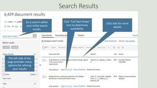 Search Results
Click title for more
details
Click “Full Text Finder”
icon to determine
availability.
Do a search within
your initial search
results.
The left side of the
page provides many
options for refining
your results
 