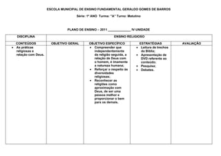 ESCOLA MUNICIPAL DE ENSINO FUNDAMENTAL GERALDO GOMES DE BARROS

                                     Série: 1º ANO Turma: ”A” Turno: Matutino



                                PLANO DE ENSINO – 2011 _____________ IV UNIDADE

   DISCIPLINA                                               ENSINO RELIGIOSO

  CONTEÚDOS             OBJETIVO GERAL      OBJETIVO ESPECÍFICO               ESTRATÉGIAS           AVALIAÇÃO
• As práticas                               • Compreender que             •    Leitura de trechos
  religiosas e                                independentemente                da Bíblia;
  relação com Deus.                           da religião seguida, a      •    Apresentação de
                                              relação de Deus com              DVD referente ao
                                              o homem, é imamente              conteúdo;
                                              a natureza humana;          •    Pesquisa;
                                            • Reforçar o respeito às      •    Debates.
                                              diversidades
                                              religiosas;
                                            • Reconhecer as
                                              religiões como
                                              aproximação com
                                              Deus, de ser uma
                                              pessoa melhor e
                                              proporcionar o bem
                                              para os demais.
 