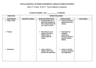 ESCOLA MUNICIPAL DE ENSINO FUNDAMENTAL GERALDO GOMES DE BARROS

                         Série: 3ª Turmas: “A, B e C ”. Turnos: Matutino e Vespertino



                            PLANO DE ENSINO – 2011 _____________ II UNIDADE

    DISCIPLINA                                            ENSINO RELIGIOSO

  CONTEÚDOS        OBJETIVO GERAL         OBJETIVO ESPECÍFICO             ESTRATÉGIAS              AVALIAÇÃO
• Fazer o bem                              • Compreender que o           • Leitura de textos e
                                             bem deve sempre ser           depoimentos dos
                                             feito independente de         alunos.
                                             cor, raça ou credo.



•   Páscoa                                •   Reconhecer que a           •   Exposição de
                                              páscoa nos leva a              cartazes,
                                              refletir sobre a               desenhos e
                                              ressurreição de                pinturas, leitura e
                                              Cristo.                        escrita de texto
                                                                             bíblico.




•   Quaresma                              •   Levar o aluno a            •   Leitura e escrita
                                              refletir sobre esse            de texto, atividade
                                              período da quaresma.           mimeografada.
 